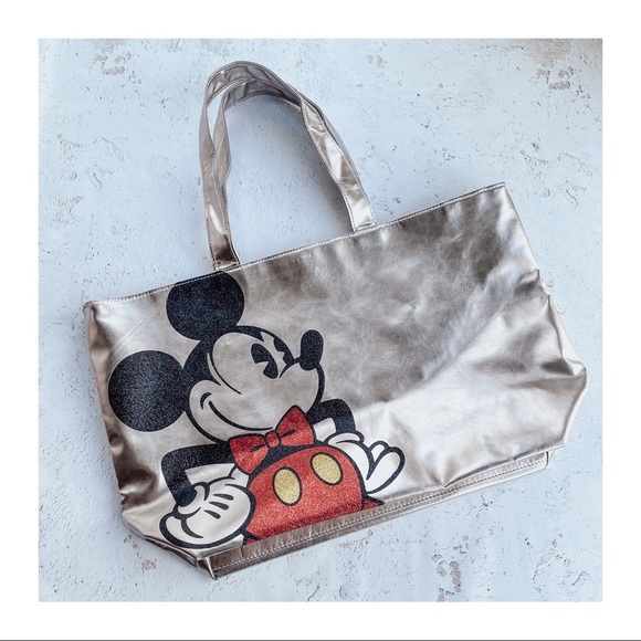 Disney Parks Mickey Mouse Glitter Metallic Silver Reversible Tote - Picture 1 of 4
